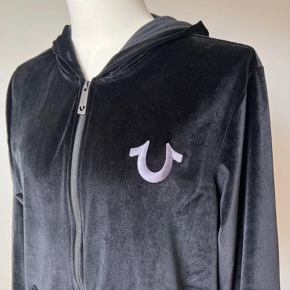 True Religion Mens Black Velour Zip Up Hoodie Horseshoe Velvet Logo‎ Black NWOT